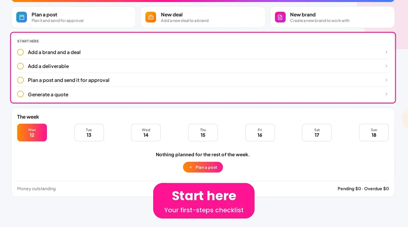 Poppi dashboard with the Start here checklist, quick actions for planning a post, starting a deal and adding a brand, and this week's calendar strip (example data).