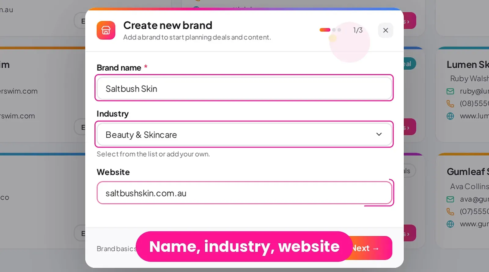 Create new brand form in Poppi with the brand name Saltbush Skin, an industry and a website filled in (example data).