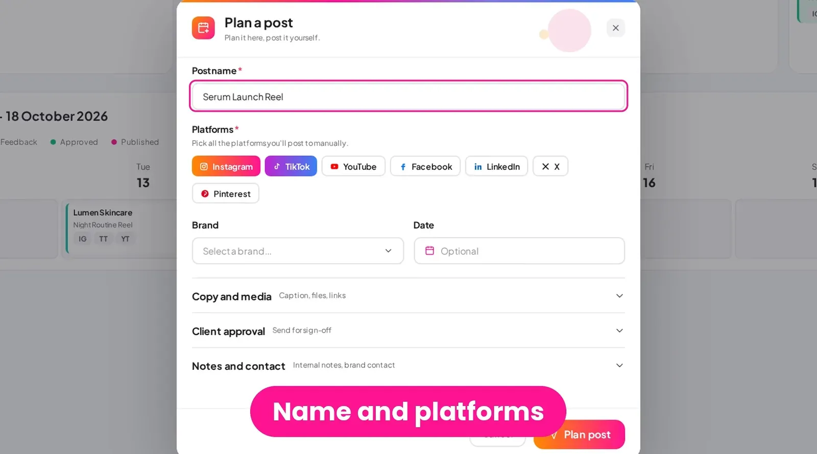 Plan a post form in Poppi with a post name entered and the Instagram and TikTok platforms selected, over the Posts board (example data).
