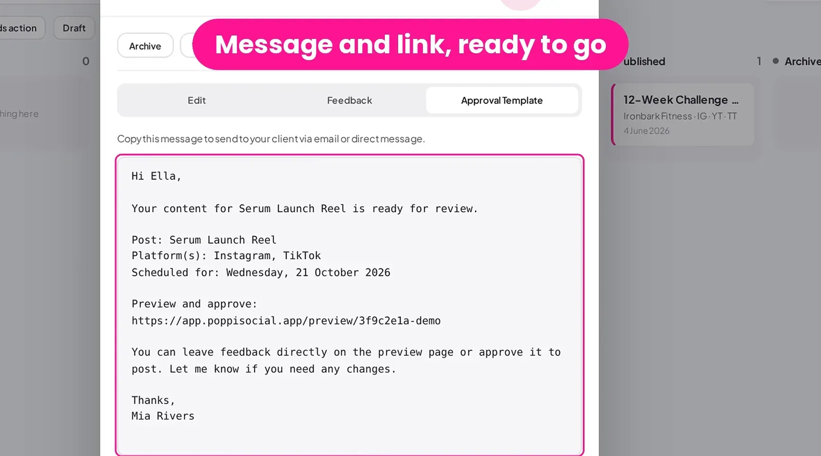 Approval Template tab on a post in Poppi, showing the message to copy and send to a client, with a private preview link (example data).