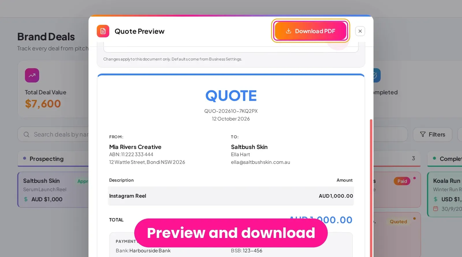 Quote preview in Poppi for a fictional creator and brand, showing the quote number, a line item, the total and the Download PDF button.