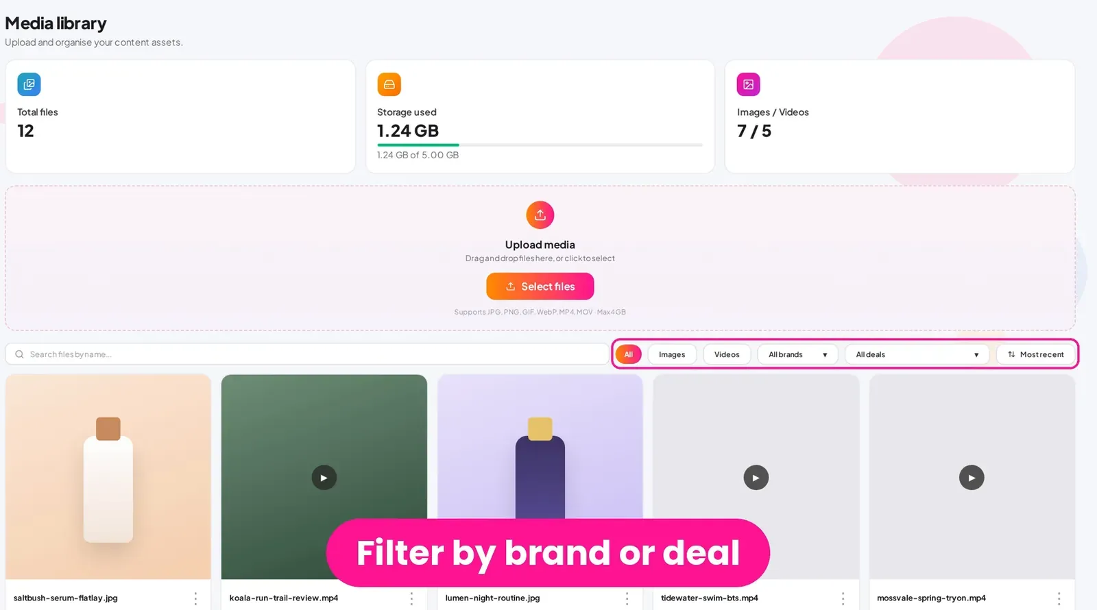 Poppi Media library with the upload area, filters for type, brand and deal, and a grid of example files.