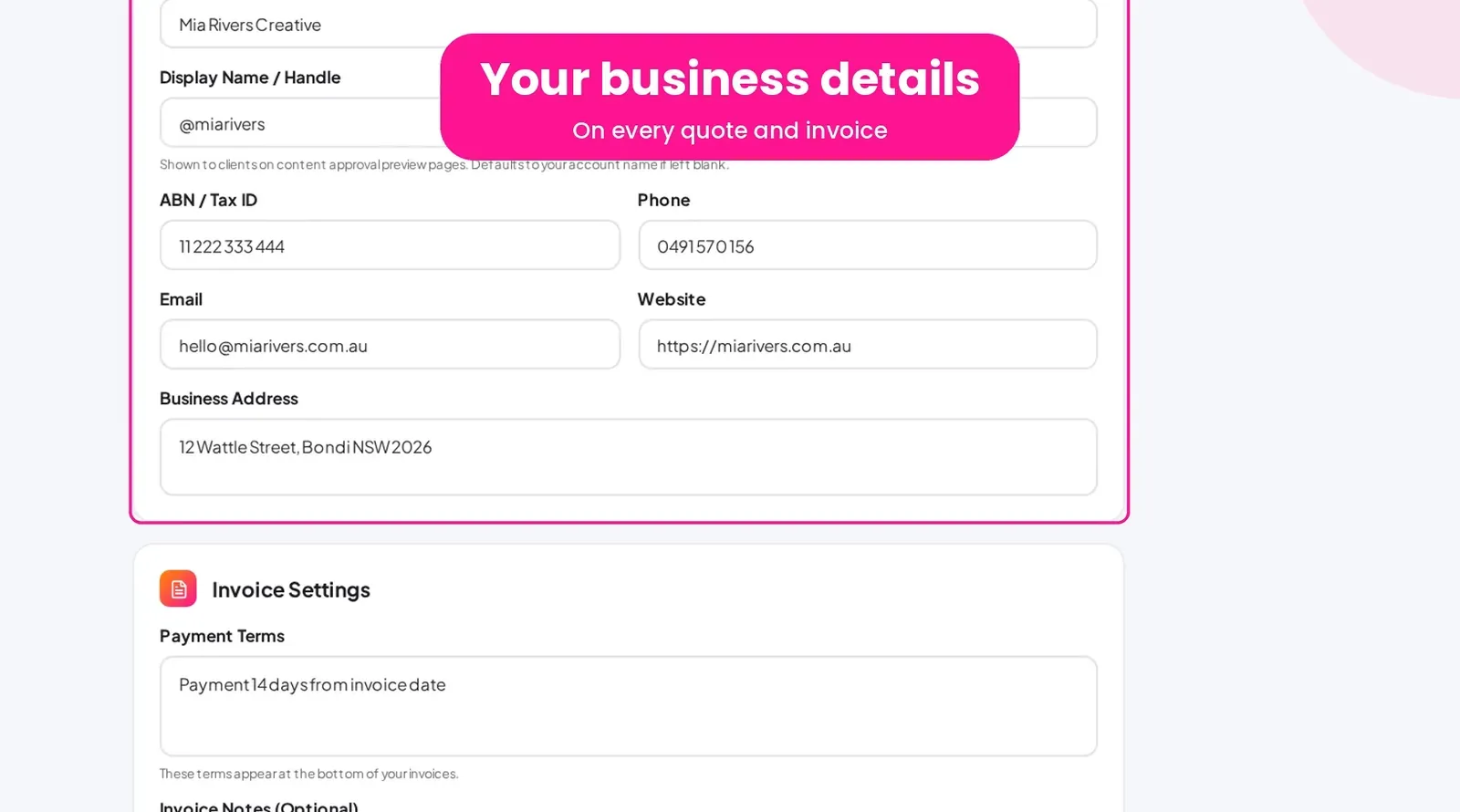 Poppi Settings on the Business and invoicing tab, showing example business details and invoice payment terms.