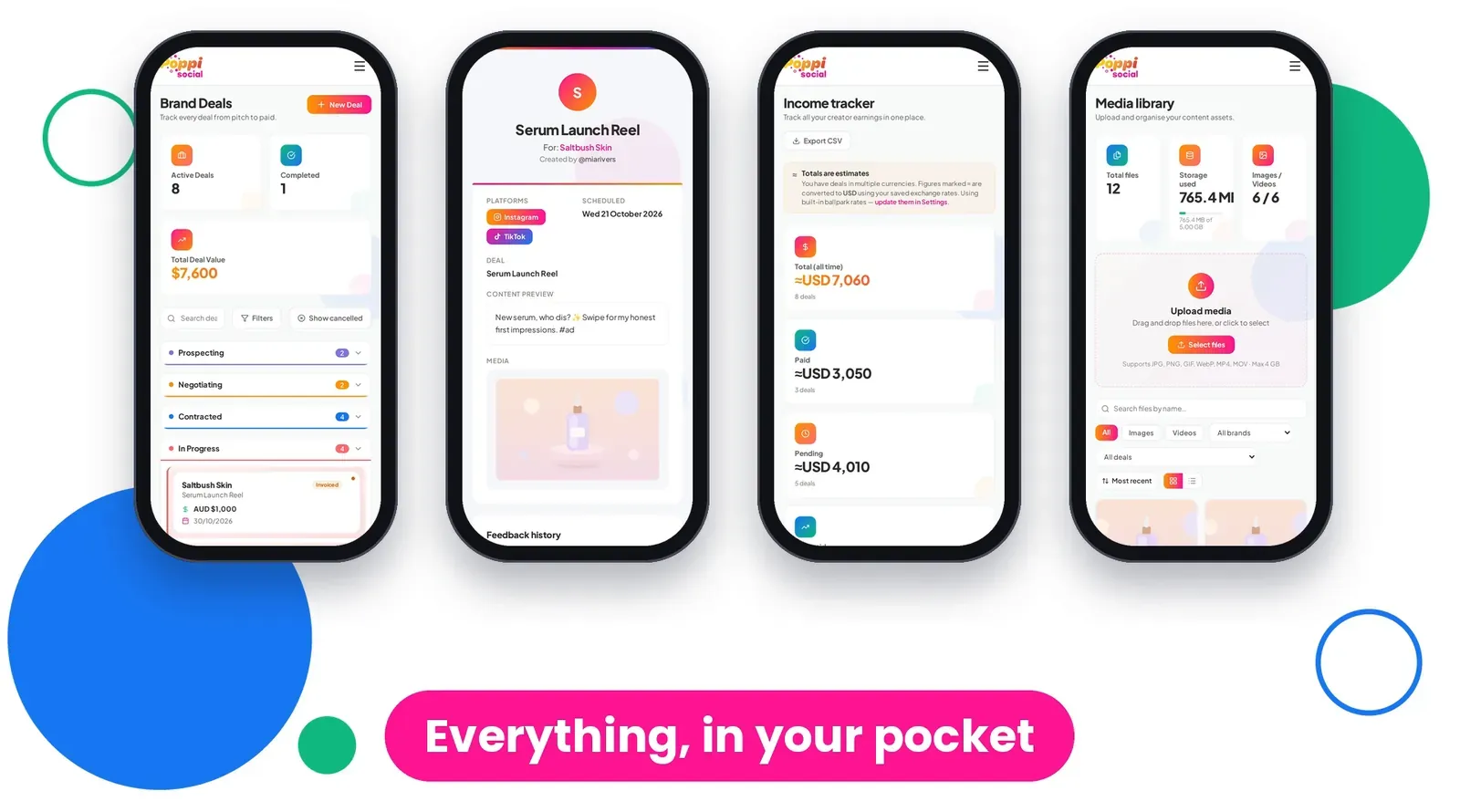 Four phone screens showing Poppi on mobile, including the dashboard and the income tracker (example data).