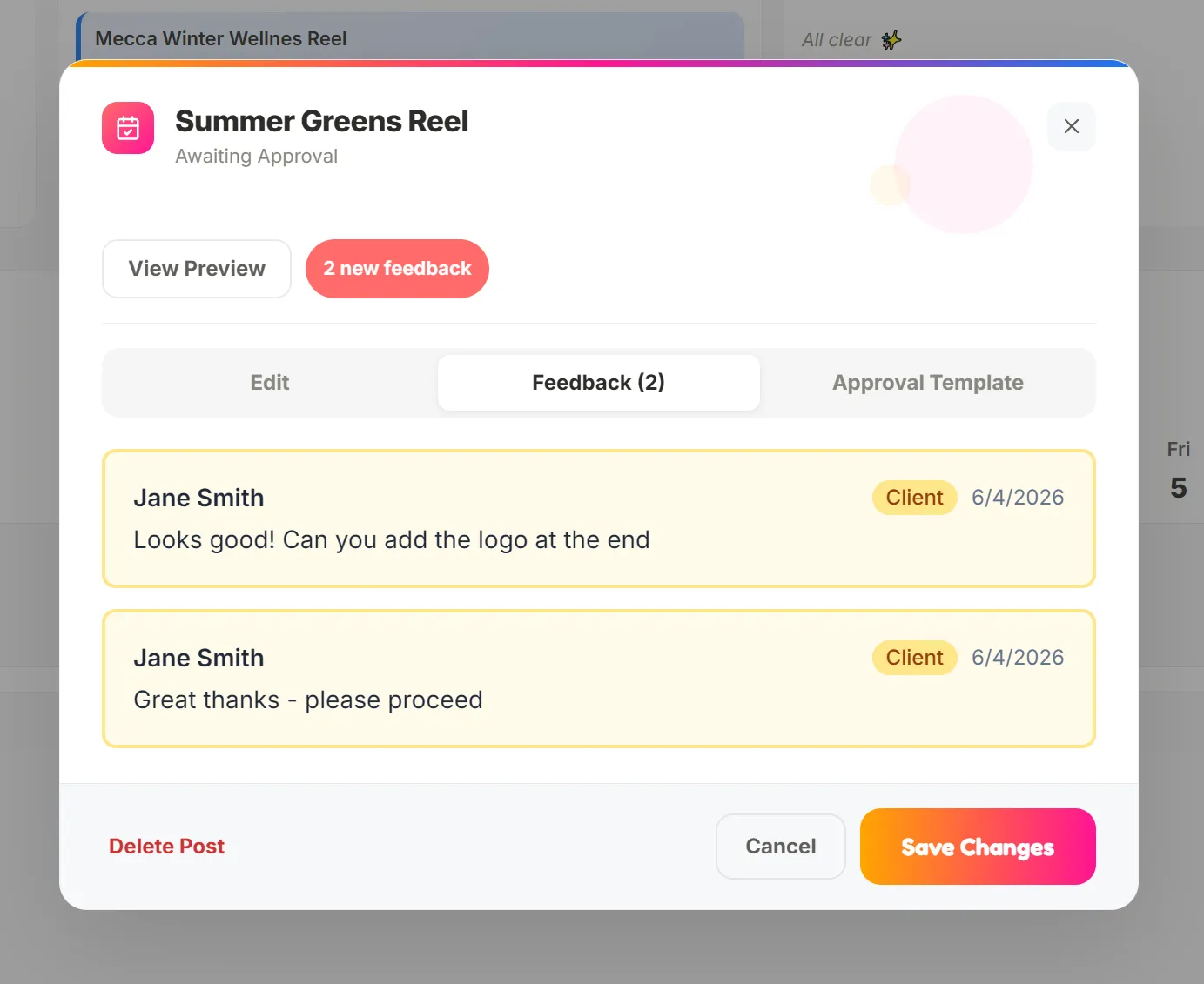 Client feedback on post